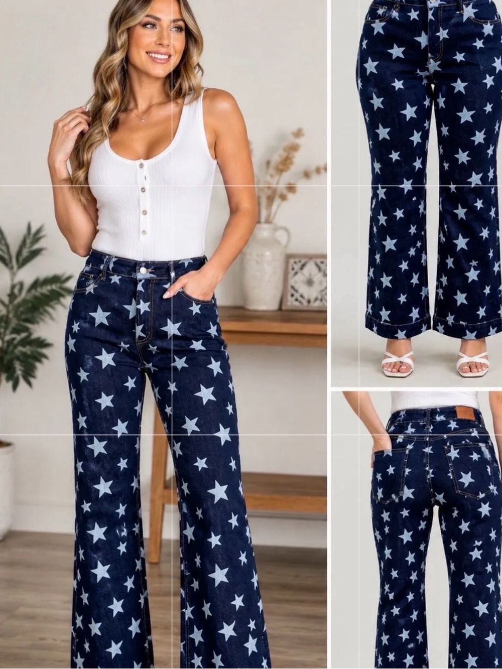 Navy Star-Print Flare Jeans